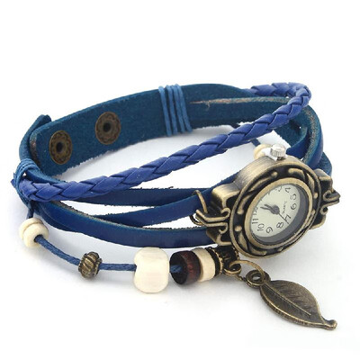 

Leaf Charm Lady Watch Bracelet Vintage PU Leather Strap Wristwatch Hand Knit Retro Quartz Analog Casual Watches