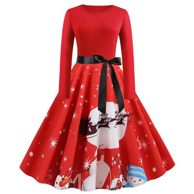 

Tailored Womens Vintage Christmas Printed Dress Ladies Long Sleeves Dress Xmas Dress