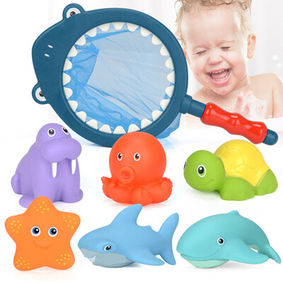 

YIWULABaby Bathing Floating Soft Rubber Animals Water Tub Toy Squirts Spoon-Net 7pcs