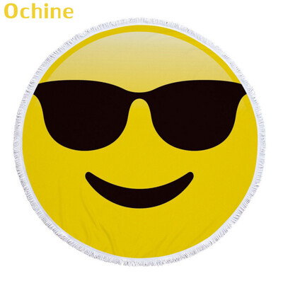 

OCHINE 150cm Summer Swimming Bath Towel Expression Emoji Round Microfiber Fringed Beach Towel Mat Carpet Blanket Shooting Props