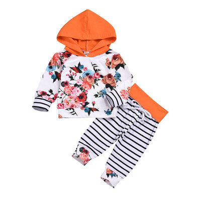 

Baby Cute Flower Printing Long Sleeve Spring Autumn Hoodies And Striped Trousers Kids Two-piece Outfit Set