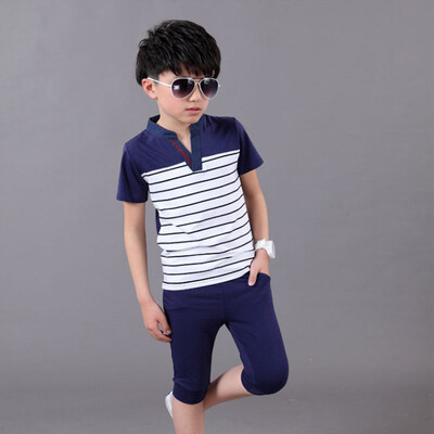 

Summer Kids Boys Short Sleeve Striped Print Tops Blouse ShirtsShorts Children Casual Outfits Sets