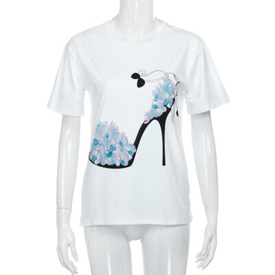 

Fashion Summer Women Flower High Heel Print Tee Top Short Sleeve O-Neck T-shirt