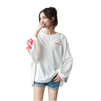 

2018 Autumn Women Letter Print Thin Hoodies Round Neck Puff Sleeve Pullover Long Sleeve Fashion Casual Loose Sweatshirts