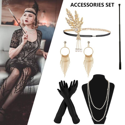 

5Pcsset 1920s Accessories Flapper Set for Women Costume Accessories Including Headband Gloves Necklace Cigarette Rod Earing