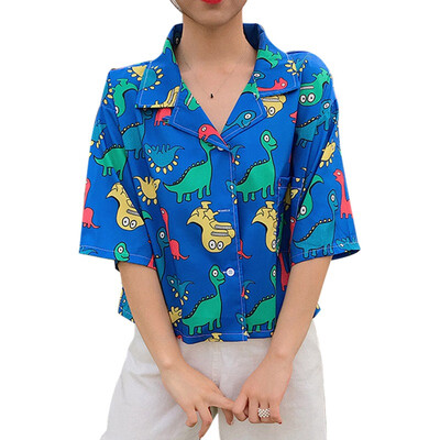 

Women Blouses Fashion Cartoon Print Blouse 2019 New Short Sleeve Turn Down Collar Shirt Summer Loose Casual Tops Chemise Femme