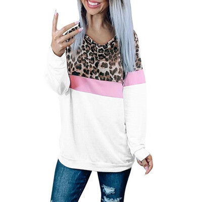 

Fashion Women Autumn Leopard Print Splicing T-Shirt O Neck Long Sleeve Streetwear Casual Top