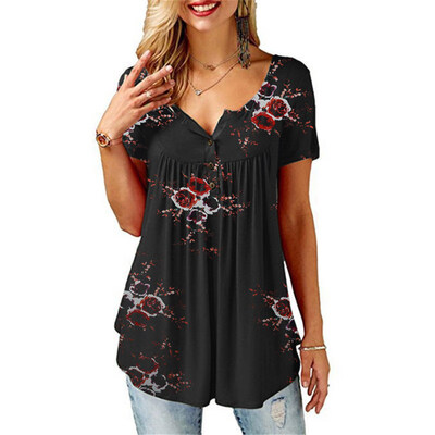 

Summer Women Flower Print Button V Neck Short Sleeve T-Shirt Pleated Loose Top
