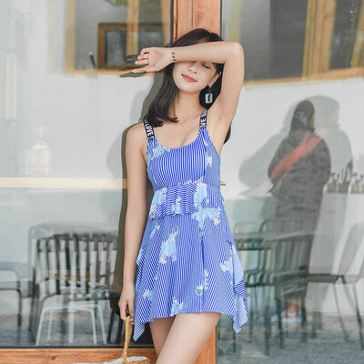 

2019 Women Beach Bathing Dress Female Padded Striped Ruffled Cartoon Conservative Swimwear Quick-Dry Swimming Suits