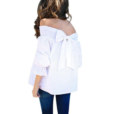 

New 2018 Sexy Off Shoulder Summer Strapless Women Blouse Half Sleeve Bowknot Tops Slash Neck Shirts Casual Loose Blusas -XL