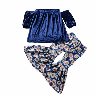 

New Summer Kids Baby Girls Off Shoulder Solid Blue Tops Short Sleeve T shirt Long Flower Sunflower Pants 2pcs Outfits Set