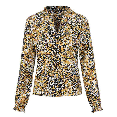 

New Chiffon Casual Shirt Europe V-Neck Leopard Printed Chiffon Edge Long - sleeved Blouse AutumnWinter