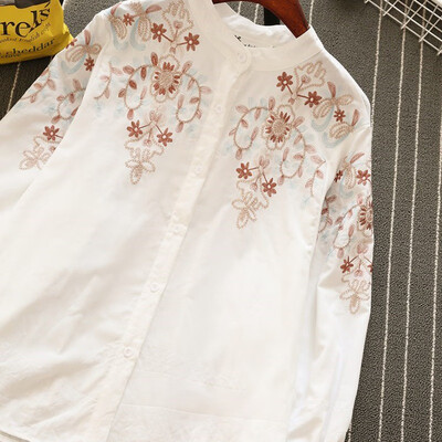 

Korean Style Fashion Embroidery Women Blouses Shirts Spring Casual Lantern Sleeve Stand Collar Blouse Tops Female Clothing