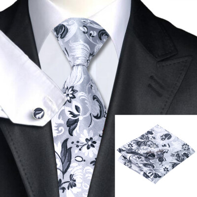 

N-1159 Vogue Men Silk Tie Set Gray Floral Necktie Handkerchief Cufflinks Set Ties For Men Formal Wedding Business wholesale