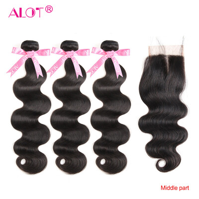 

ALot Hair 3 Bundles Peruvian Body Wave With Lace Closure Three Middle Free Part 100 Human Hair Weave 3 Bundles with Closure