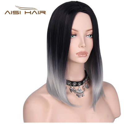 

AISI HAIR 18 "ломбер Серый цвет Шелковистые прямые короткие синтетические волосы для парик для волос для черных женщин