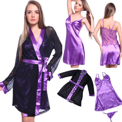 

Sexy Satin Slip lace back Nighty Babydoll Sleepwear with Night Robe Gown