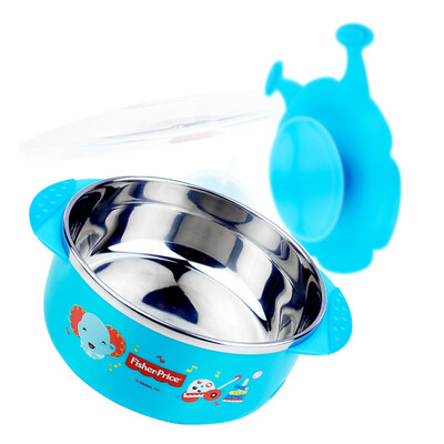 

American Fisher childrens tableware baby water injection type stainless steel insulation bowl with suction cup 320ML blue newborn