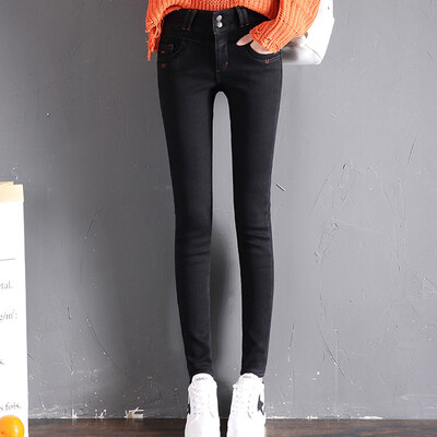 

City plus CITYPLUS 2017 winter new art women&39s high waist double buckle elastic pencils pants feet plus cashmere thickening grasping pattern jeans CWKN17T162 dark blue 30