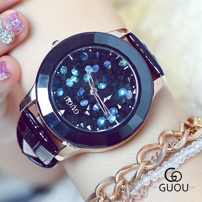 

GUOU Brand Luxury Watches Women Elegant Quartz Watch Ladies Casual Leather Wrist Watch Rhinestones Clock