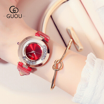 

GUOU Brand Leather Analog Watch Women Fashion Casual Quartz Watches Ladies Calendar Wristwatch