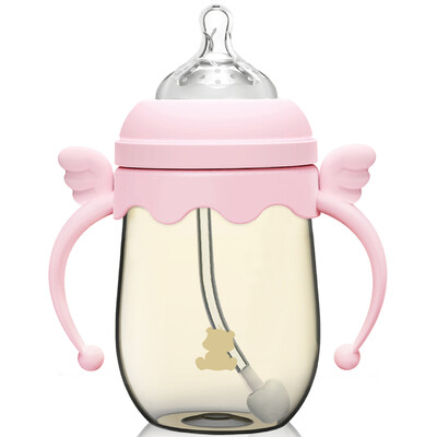 

Маленький белый медведь с широким ртом с ручкой baby PPSU соломенная бутылка 260ML розовый 09390