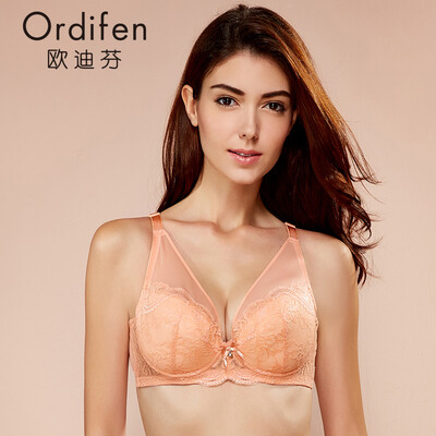 

Ou Difen underwear ladies gathered bra big chest thin lace sexy deep V side closed bra XB6358 peach orange C75