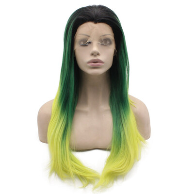 

Iwona Synthetic Hair Lace Front Long Straight Dark Roots Ombre Green Yellow Wig