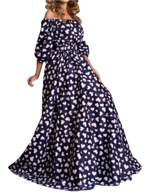 

Lovaru ™summer style 2015 new women dress Dew shoulder 7 minutes of sleeve printing long love mop the floor dress