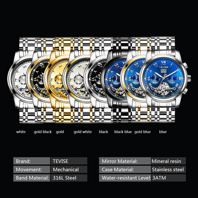 

TEVISE 9005 High-quality Skeleton Automatic Men Mechanical Watch Moon Phase Stainless Steel Clock Mens Business Men Wristwatches R