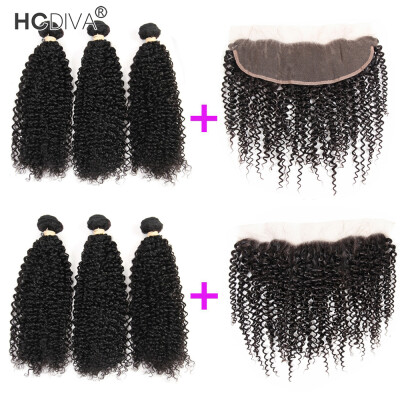 

Malaysian Virgin Human Hair 3 Bundles with Frontal Kinky Curly Hair Weaves with Frontal Ear to Ear Natural Black