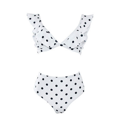 

Ruffled Deep V Bikini Swimsuit Black&White Polka Dot Print Sexy Swimsuit