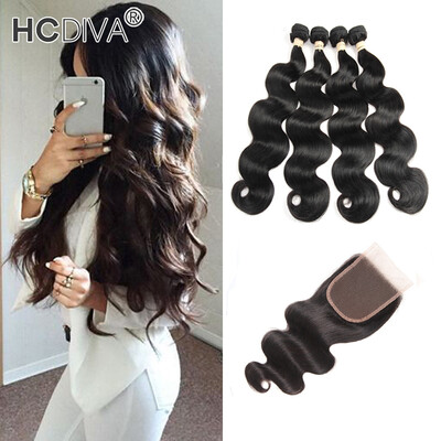 

HCDIVA Body Wave Human Hair Bundles With Closure Peruvian Human Hair With Lace Closure 4 Bundle Hair with 1 Closure