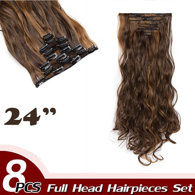 

17" Curly Hair Full Head Clip in Hair Extensions Synthetic 8 Piece 18 Clips Hairpiece Long Wave Trendy Design for Women