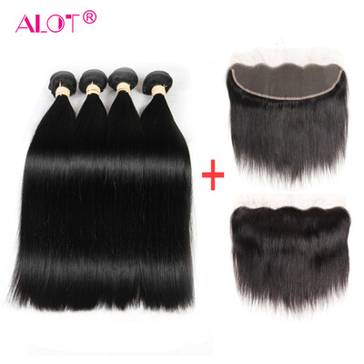 

Alot Straight Hair 4 Bundle Hair with Lace Frontal 134 Brazilian Virgin Human Hair Striaght with Frontal Closure Natural Black