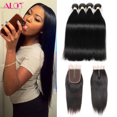

4 Bundle Straight Hair с кружевным закрытием с детскими волосами Натуральный черный Мягкий и полностью качественный Alot Human Brazilian Virgin Hair