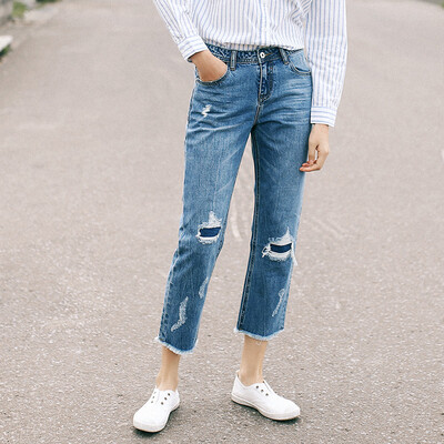 

And pure Raincun N2357 hole jeans womens cropped pants loose raw edge patch straight pants blue 27 N2357L027