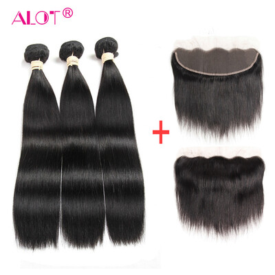 

Alot Hair Products Indian Human Straight 3 Bundle Hair with Lace Frontal Closure 134 inch Double Weft Tight & Neat