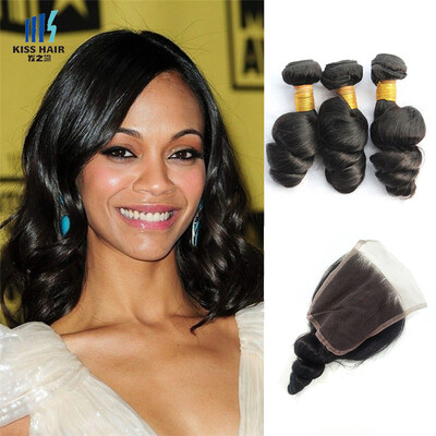 

kisshair loose wave hair weft 3 bundles with 4*4 lace closure raw Indian temple hair weaving