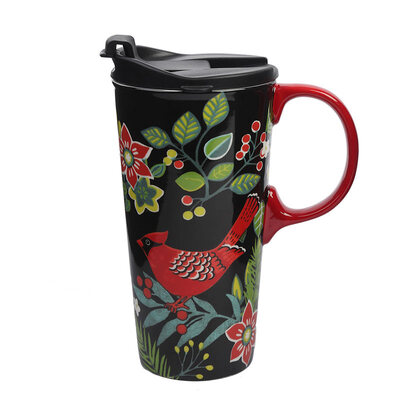 

Cypress Home Tall Ceramic Travel Mug with Lid 17oz. Red Bird