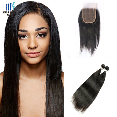 

kisshair silky straight raw Indian human hair 2 pcs/lot bundles hair with 4*4 lace closure