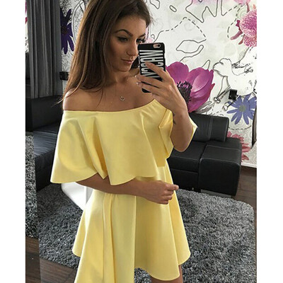 

Lovaru ™ 2017 Women Dress Casual Fashion Loose Ruffles Slash Neck Solid Pink Yellow Beach Wear Sexy Mini Women Dress