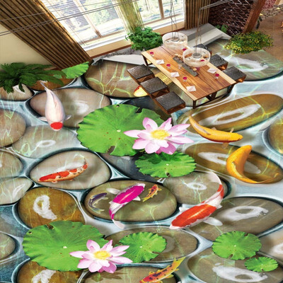 

Free Shipping 3D Stereo Lotus Carp floor wallpaper study restaurant bedroom self-adhesive floor mural 250cmx200cm