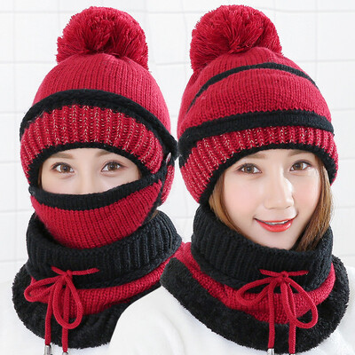 

Beinuo BETONORAY wool hat ladies winter plus velvet warm knit hat tether closed bib mask three-piece suit wine red