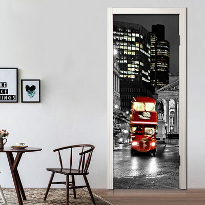 

Red Bus Photo Wallpaper Black White City Backdrop 3D Настенная роспись наклеек ПВХ самоклеящиеся фрески 77см x 200см