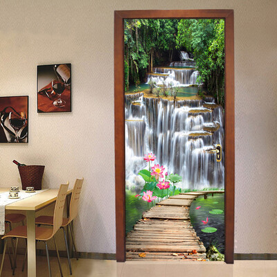 

Chinese Style Waterfall Louts Wooden Bridge Mural Wallpaper Living Room Photo Wall Door Sticker DIY Home Decor 77cm x 200cm