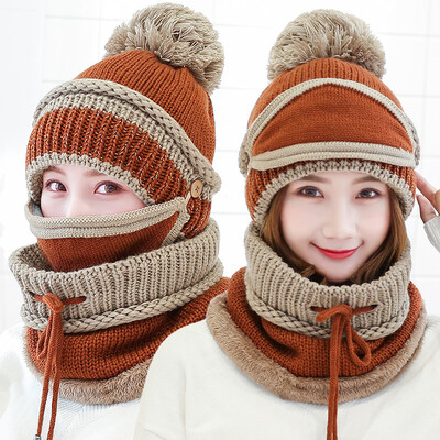 

BENOORAY wool hat ladies winter plus velvet warm knit hat tether closed bib mask three-piece suit caramel