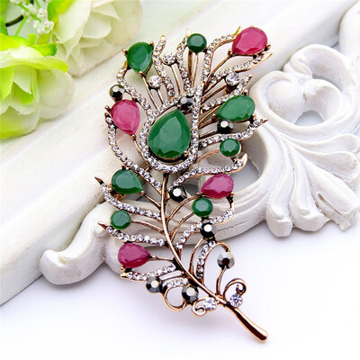

Exquisite Turkish Women Flower Brooch Pin Vintage Feather Design Resin Jewelry Pins Antique Gold Color Leaf Brooches Broches