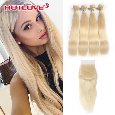 

Brazilian Virgin Human Hair #613 Blonde Hair 4 Bundles With Lace Closure Blonde Straight Hair Bundles With 4*4 Lace Closure
