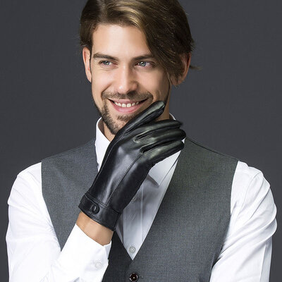 

Bai Shangyi special mens leather gloves mens winter warm suede gloves full palm touch touch screen driving thin section M2 touch black